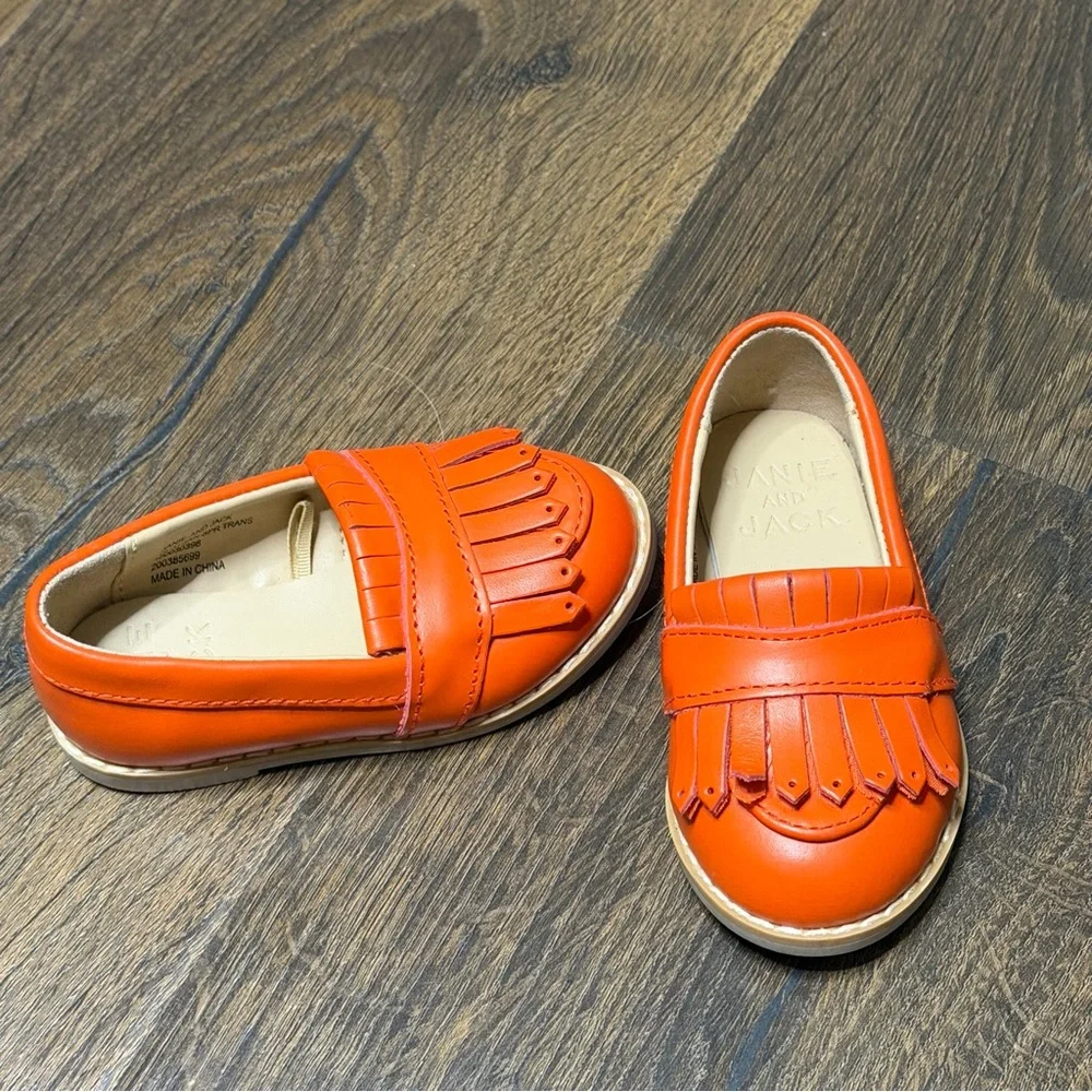 Janie and Jack orange leather fringe loafers size 4 New